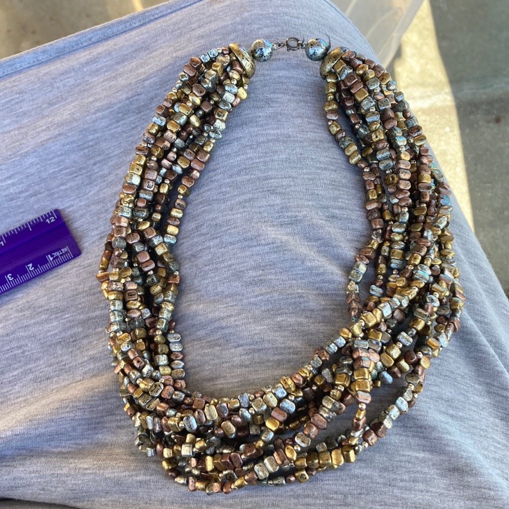 Beaded Necklace Gold Toned Cube Beads Multilayered Chunky